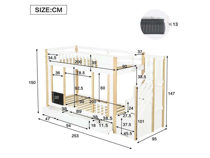  Lit superposé enfant blanc et naturel 90 x 200 cm avec escalier de rangement et 3 tiroirs  - Conforama E