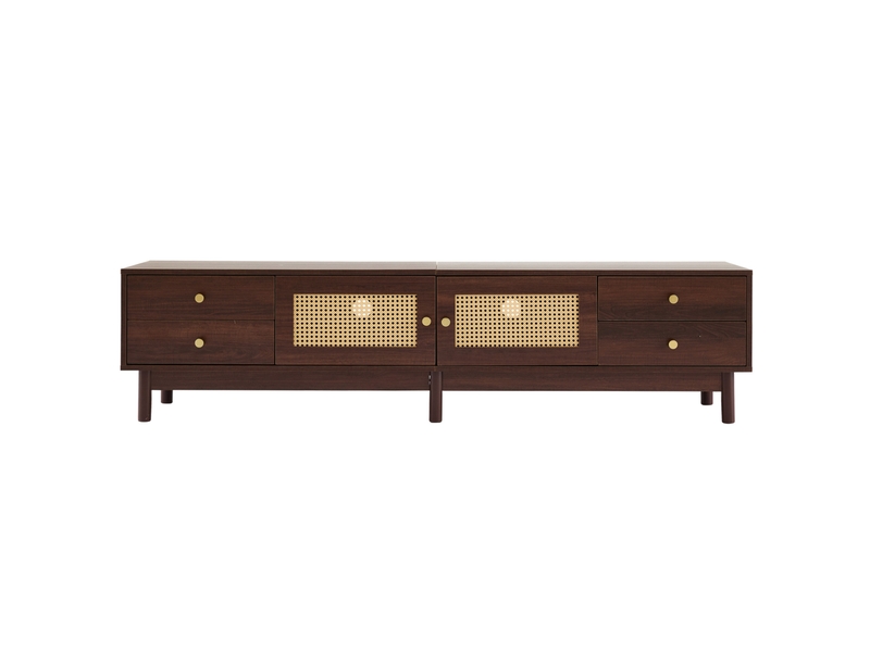  Meuble tv 180x35x44 cm marron en panneaux de particules, 4 tiroirs, portes en rotin et gestion des câbles  - Conforama D