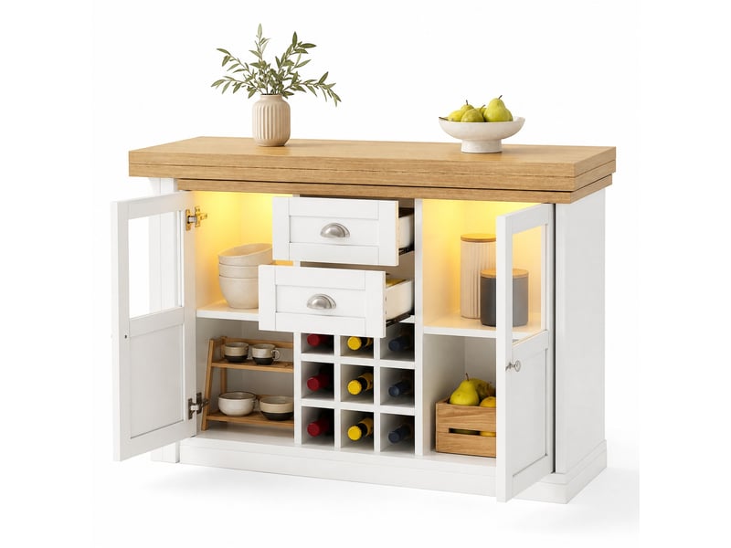 Table extensible rotative avec 2 tiroirs, 2 portes vitrées, casier à 9 bouteilles et led, blanche, 120-197 × 40 × 72 cm - Conforama A