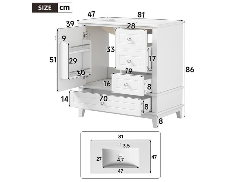  Meuble vasque sur pied 81x47x86 cm 3 tiroirs mdf blanc  - Conforama E