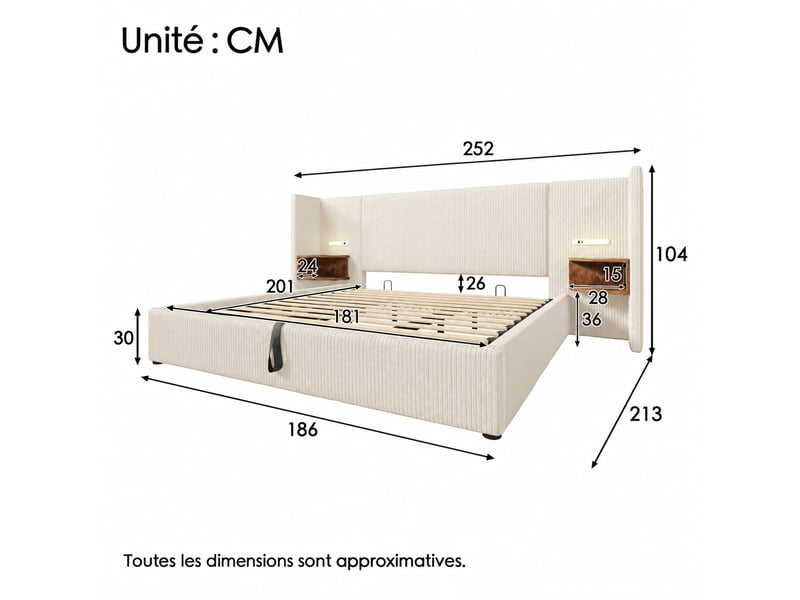  Lit coffre 180x200 en velours côtelé beige avec liseuses, usb et usb-c  - Conforama C
