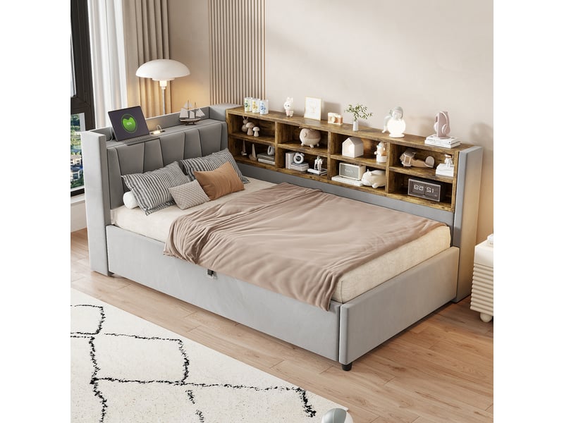  Canapé-lit 90x200 cm avec rangement – ​​avec éclairage – avec ports de charge usb et type-c – avec compartiments de rangement – ​​gris clair (matelas non inclus)  - Conforama R