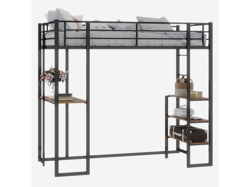  Lit mezzanine 90x190 cm avec bureau, étagère et échelle, métal, noir, sans matelas  - Conforama A
