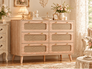 Commode en rotin à 6 tiroirs commode chambre meuble de rangement bohème style