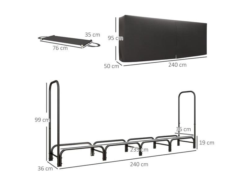  Porte-bûches intérieur et extérieur en métal, housse oxford 600d, 240 x 36 x 99 cm  - Conforama E
