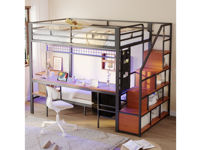  Lit superposé enfant en métal et mdf noir avec bureau, led, prises et rangements 140 x 200 90 x 200 cm  - Conforama D