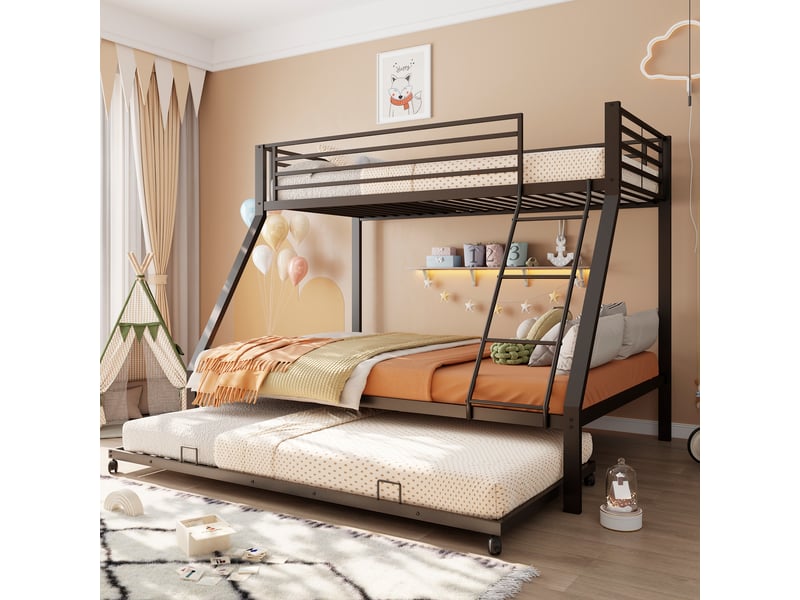  Lit superposé, lit 4 places en métal avec gigogne et barrière, 90x200, 140x200 et 90x190 cm, matelas non précisé  - Conforama B