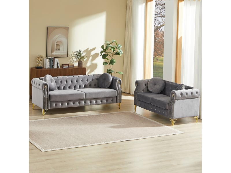 Canapé 3+2 places en velours gris avec pieds métalliques dorés - Conforama R