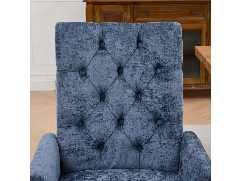  Chaise de salle à manger en chenille bleue avec accoudoirs, dossier haut capitonné, pieds courbés en bois massif, assise rembourrée, style classique  - Conforama D