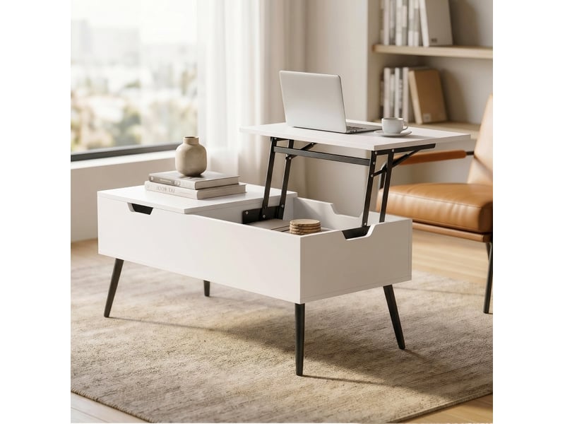  Table basse relevable avec 2 plateaux, rangement caché et pieds en métal noirs pour salon en panneaux e1 blancs  - Conforama D