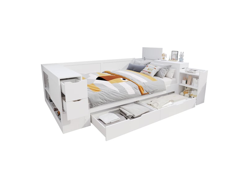  Elvmi lit enfant 140x190 cm blanc avec tiroirs, rangement latéral et table de chevet coulissante, structure stable en mdf, couchage multifonction pour chambre d'enfant, adolescent, petit appartement ou espace multifonctionnel, a…  - Conforama D
