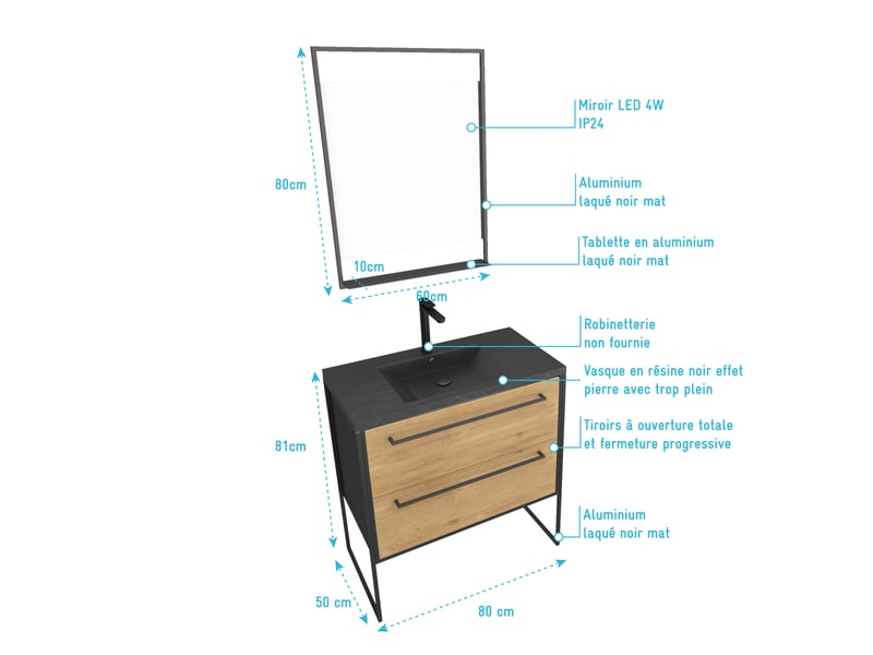  Pack meuble de salle de bain 80x50 cm noir mat - 2 tiroirs - vasque noir effet pierre - miroir led  - Conforama C