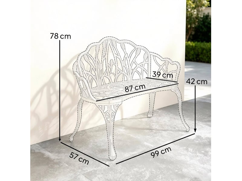 Banc de jardin 2 places 99 x 57 x 78 cm – vert antique – dossier floral ajouré, structure en aluminium coulé - Conforama C