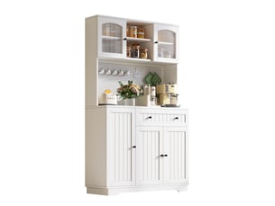 Buffet haut cuisine 103,5x40x180 cm avec vitrine, rangement modulable, panneau perforé et étagères réglables, panneau de particules blanc