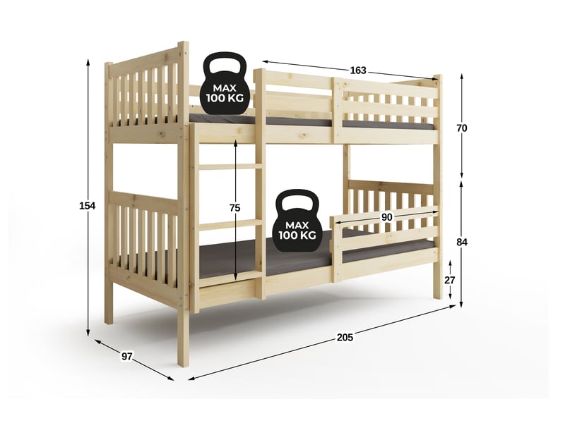  Lit superposé séparable 90x200 cm kacper interbeds - bois massif de pin avec barrière, sommier – pin naturel  - Conforama C