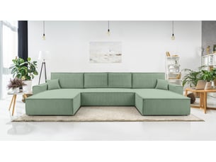 Canapé d'angle panoramique convertible <strong>AX LIVING </strong> <strong>Cedria U</strong> 5 places Velours côtelé vert avec coffre de rangement