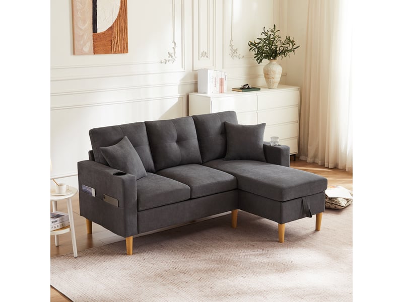 Canapé d’angle réversible 3 places 175x129 cm avec méridienne, coffre de rangement, porte-gobelets, 2 coussins - gris foncé - Conforama E