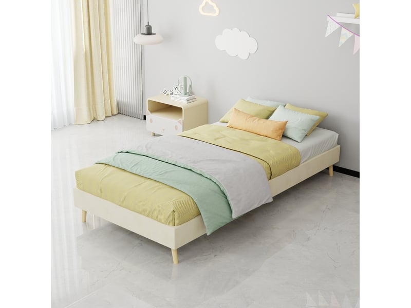  Modenvie lit enfant 90x200 cm - tête de lit capitonnée, pieds aspect bois naturel, sans matelas - beige  - Conforama B