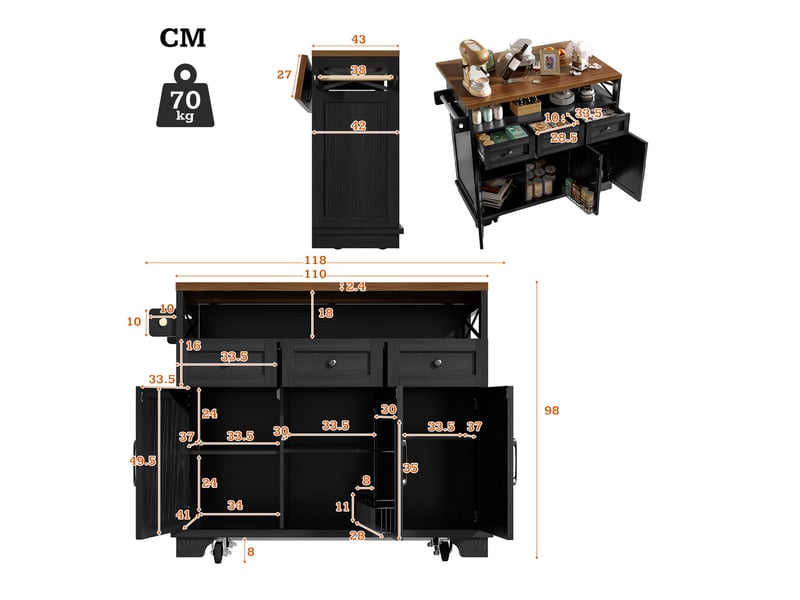 Desserte cuisine, îlot central sur roulettes avec plan de travail, plateau extensible, pivotant à 360°, dimensions 118 x 43 à 70 x 98 cm, mdf, noir - Conforama C