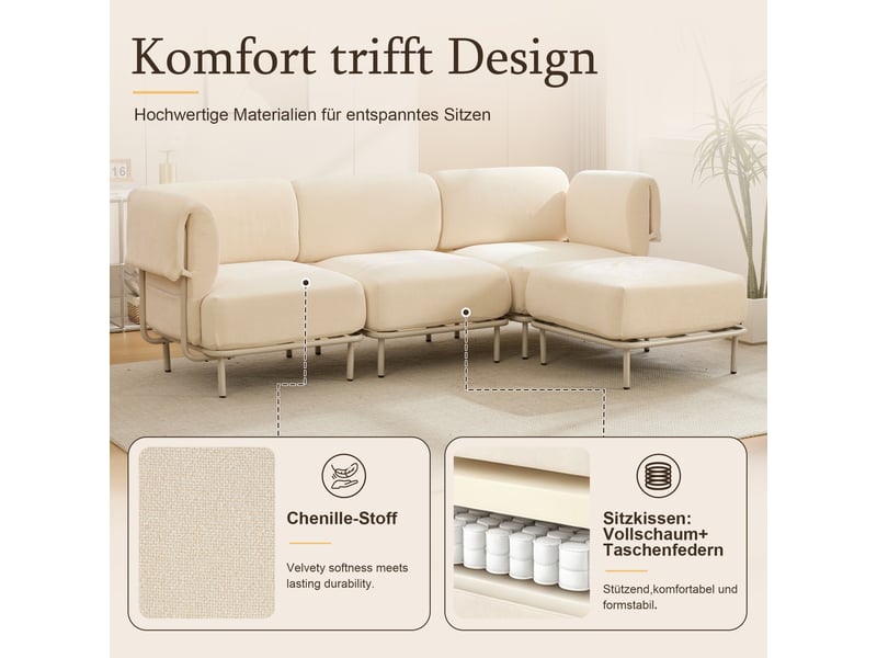  Canapé d’angle modulable 3 places 251x155x78 cm avec pouf mobile, assise en mousse haute densité, tissu chenille beige, style scandinave  - Conforama E