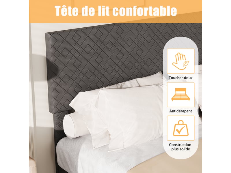 Lit 140 x 200 cm - lit double - avec sommier à lattes - avec tête de lit - tissu lin - gris foncé - lit capitonné  - Conforama E