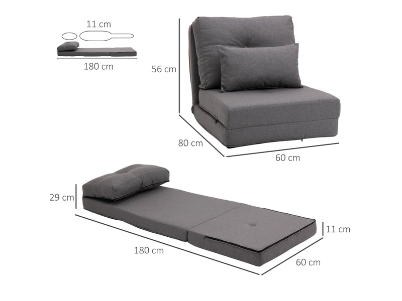  Fauteuil de sol convertible 1 place en tissu gris foncé, dossier réglable 5 positions et 2 coussins inclus  - Conforama C