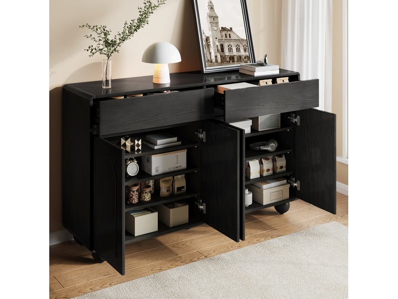  Buffet de rangement noir 140 cm – 2 tiroirs, 4 portes arquées et pieds métal  - Conforama C