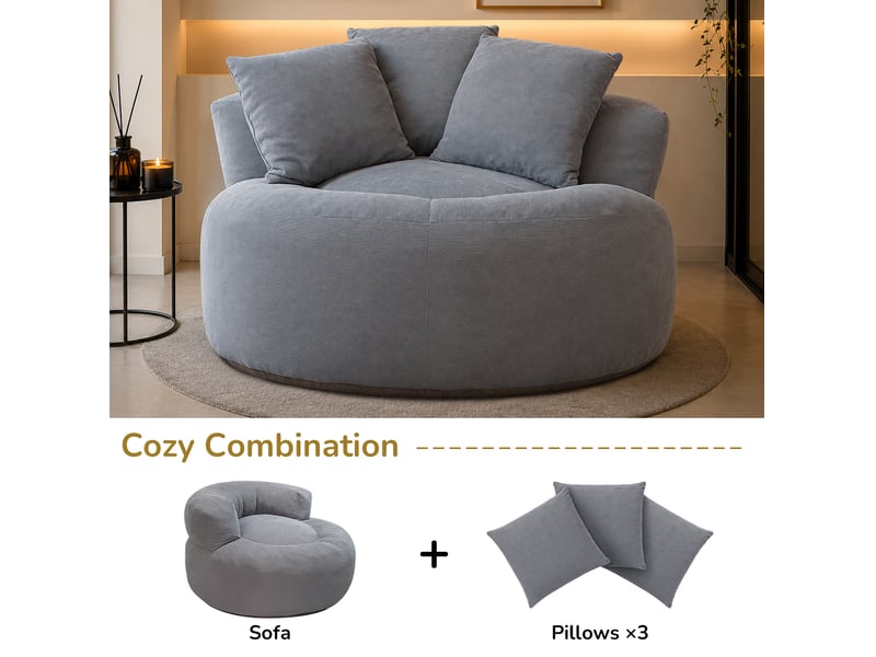  Fauteuil poire rond modenvie en velours côtelé gris avec assise profonde en mousse haute résilience 120 x 120 x 65 cm  - Conforama D
