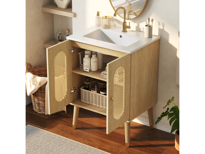  Meuble sous vasque avec 2 portes et 2 étagères fixes, vasque en céramique, salle de bain, 61×47×89 cm, bois naturel  - Conforama C