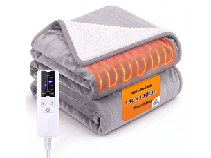 Nettlife couverture chauffante 180x130cm gris clair, 6 niveaux, minuterie 2‑10h arrêt auto, double face flanelle & sherpa, lavable, protection surchauffe