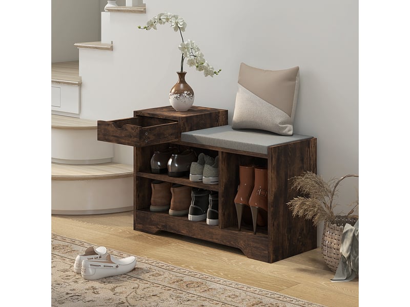  Meuble et banc à chaussures, 1 tiroir et 3 compartiments, capacité 5 paires, mdf, 76,5 x 30 x 52 cm, marron  - Conforama D