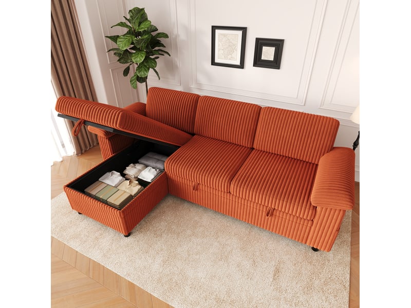  Canapé d'angle l modulable avec fonction lit escamotable, ottomane gauchedroite, orange  - Conforama D