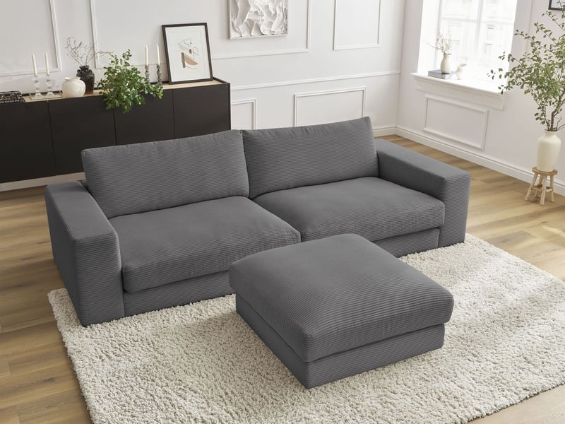  Bobochic canapé droit fixe 3 places leonard velours côtelé avec pouf gris foncé LEONARD - Conforama D