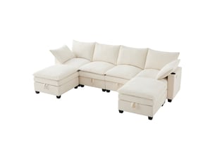Canapé modulaire 6 places en velours côtelé beige avec 2 poufs amovibles