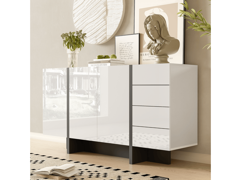  Buffet 150x40x80cm, armoire de rangement avec 3 portes, 4 tiroirs, mdf+panneau de particule, brillant blanc  - Conforama B