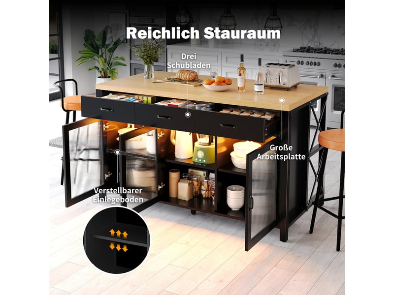  Îlot de cuisine noirnaturel 150 × 80 × 90cm, 3 tiroirs, portes vitrées, éclairage, pieds réglables, style industriel  - Conforama C