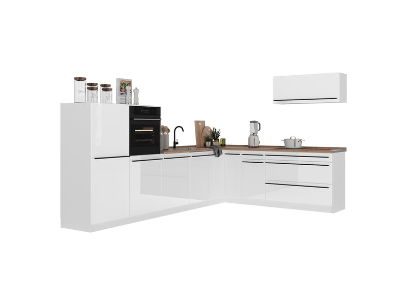 Vicco cuisine en angle, blanc haute brillanceblanc, 327 x cm plan de travail anthracite - Conforama E