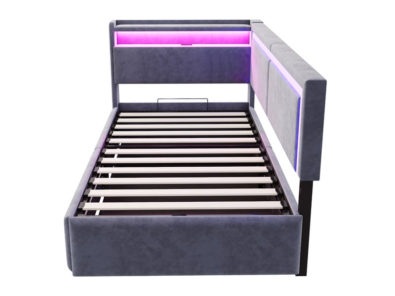 Canapé-lit 90x200 cm velours gris foncé – sommier-coffre hydraulique, tête de lit ouvrable, led & usb - Conforama D