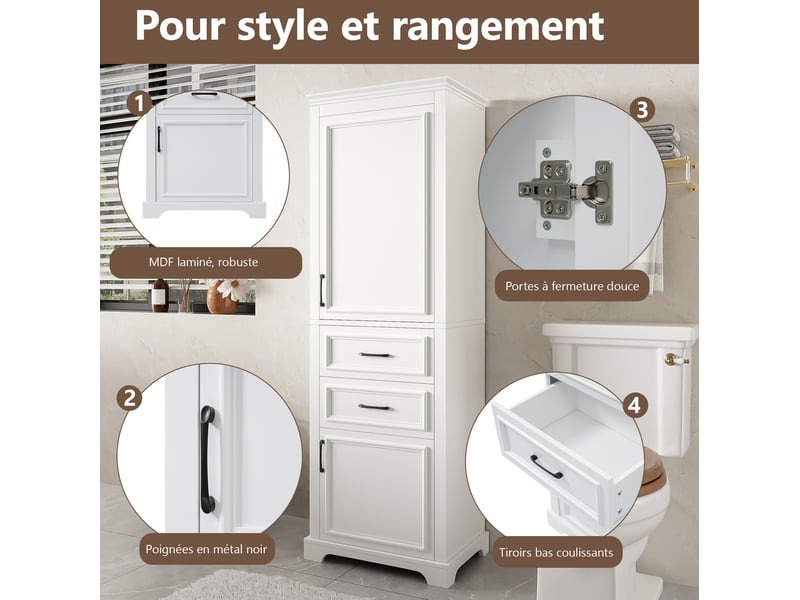  Armoire salle de bain 60x40x180 cm, 2 tiroirs et 2 portes, armoire de rangement, design moderne, en mdf, blanc  - Conforama E