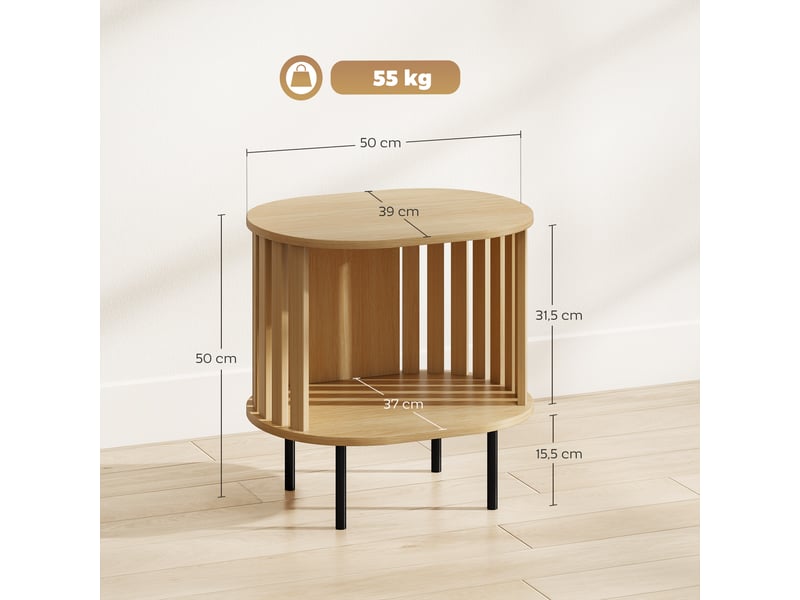  Table d'appoint ovale bout de canapé rangement ouvert pieds en acier design à lattes effet bois naturel 50x39x50cm  - Conforama C