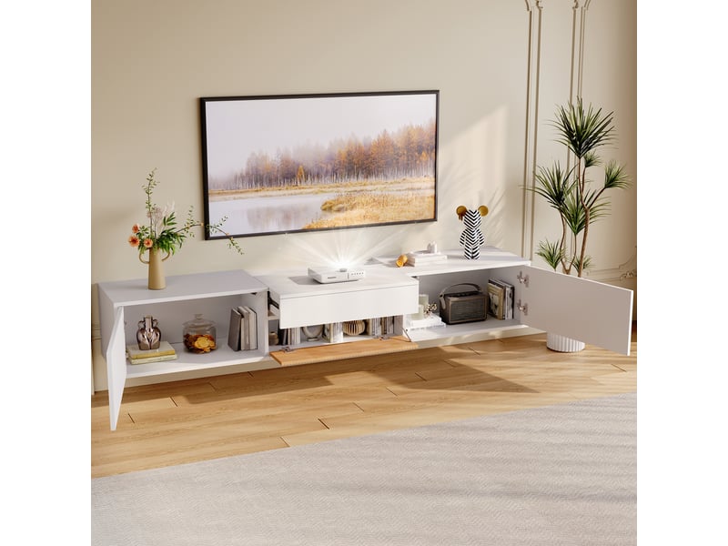 Meuble tv 180 x 34 x 30 cm, à poser ou suspendre, tablette pour vidéoprojecteur, portes, blanc et décor bois, en panneaux de particules CARDUME ESTIVAL - Conforama D