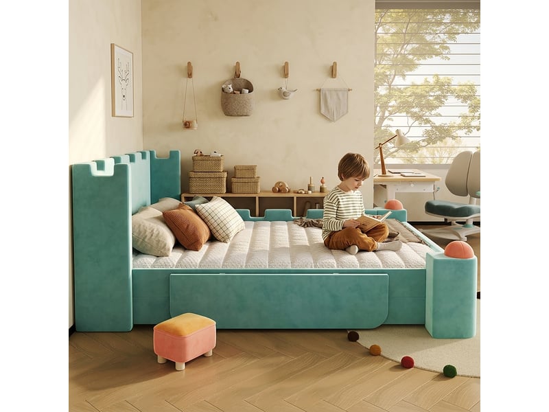  Lit double en bois et tissu bleu-vert 140 x 200 cm  - Conforama E