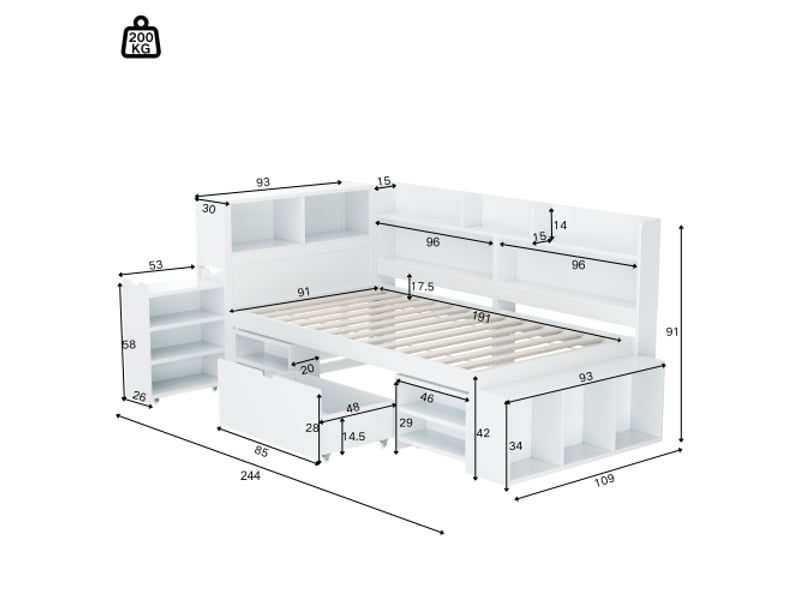  Lit enfant multifonctionnel - 90x190 cm - tiroirs intégrés - sommier à lattes inclus blanc - Conforama A