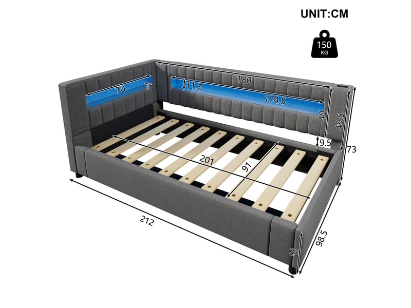  Lit de jour 90x200 gris en lin - canapé lit avec rangement hydraulique, led et ports usbtype-c  - Conforama C