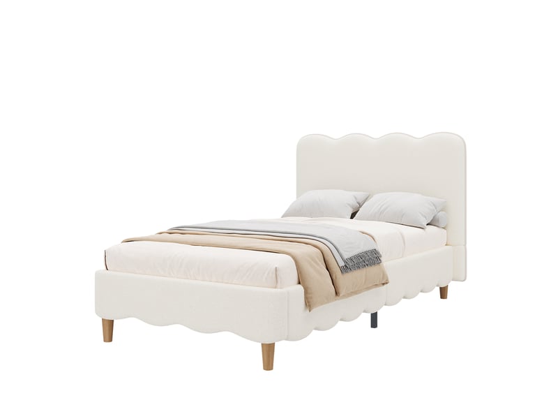  Lit enfant simple 90×200 cm tête de lit rembourrée et rangement  - sans matelas, bouclé blanc  - Conforama A