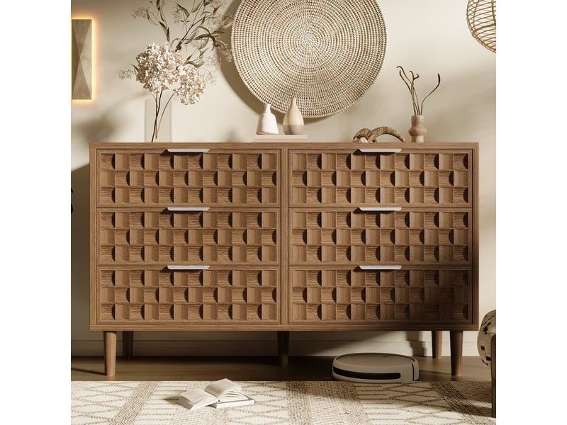  Commode à 6 tiroirs, 120 x 37 x 77 cm, tiroirs effet chêne avec poignées en métal, style moderne du milieu du siècle  - Conforama D