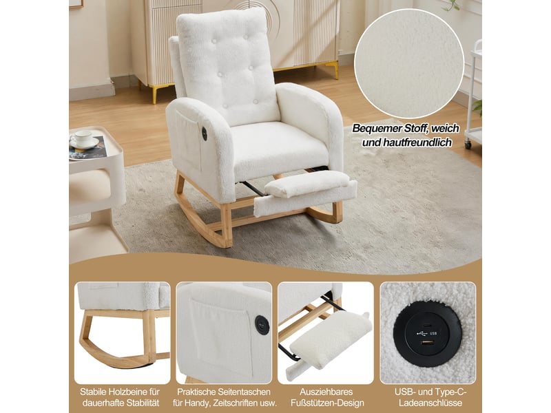Fauteuil à bascule blanc 66,5 × 121,5 × 102 cm, tissu bouclette, repose-pieds réglable, poches latérales avec port usb - Conforama E