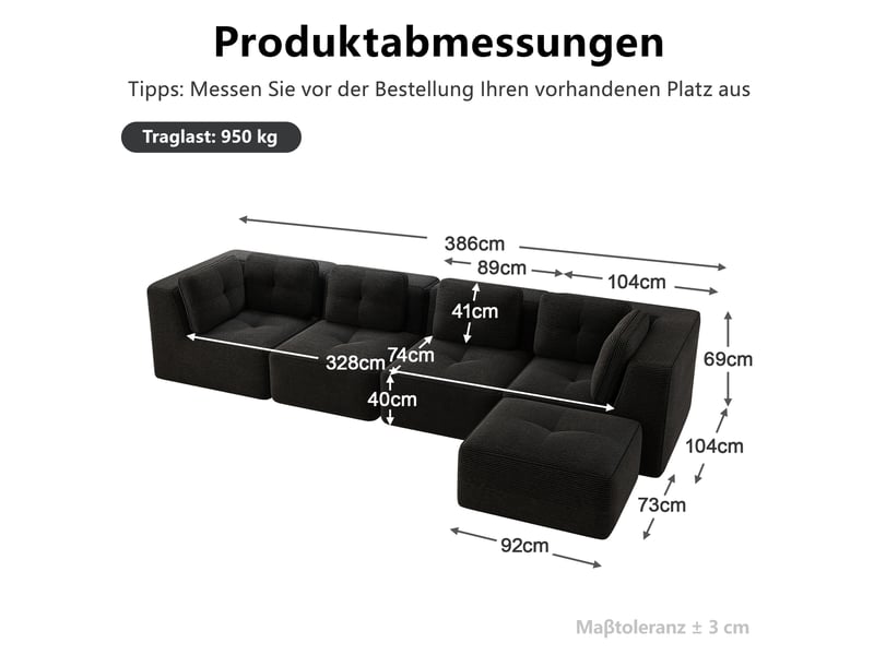 Canapé d'angle modulaire ulevr 4 places en velours côtelé noir, 386 x 177 x 69 cm, sans structure rigide - Conforama C