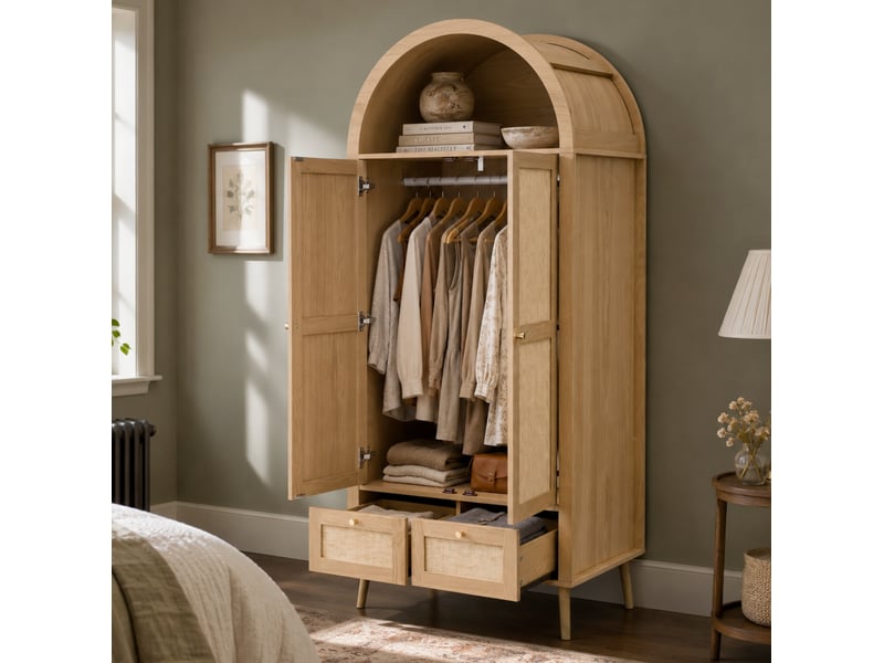  Armoire 2 portes 2 tiroirs 80 x 55 x 180 cm, mdf, coloris chêne et beige avec tringle  - Conforama B
