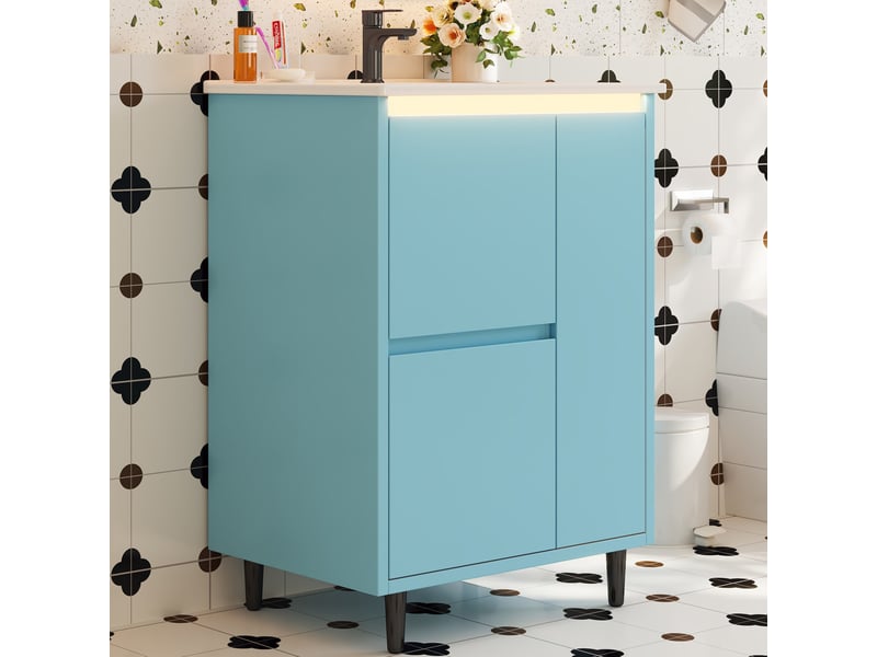 Meuble sous vasque avec 1 porte et 2 tiroirs, vasque en céramique, pieds hauts, salle de bain, 61×46,5×87 cm - Conforama B